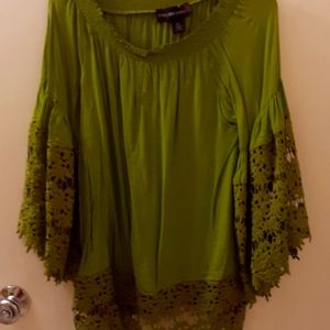 Long sleeves top. Lace in front & back & sleeves.  Petite Medium. Sage Green